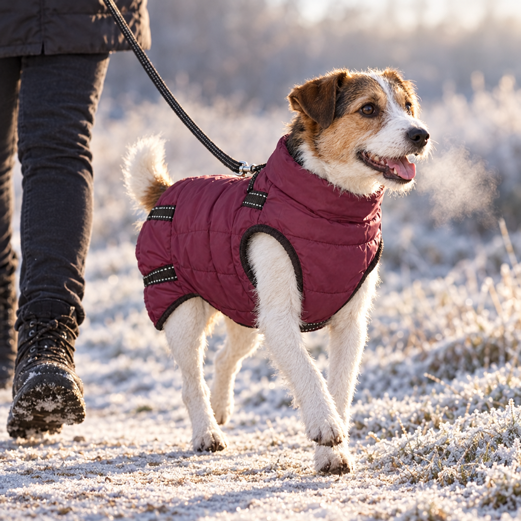 Dog wearing a warm padded coat on a frosty winter walk