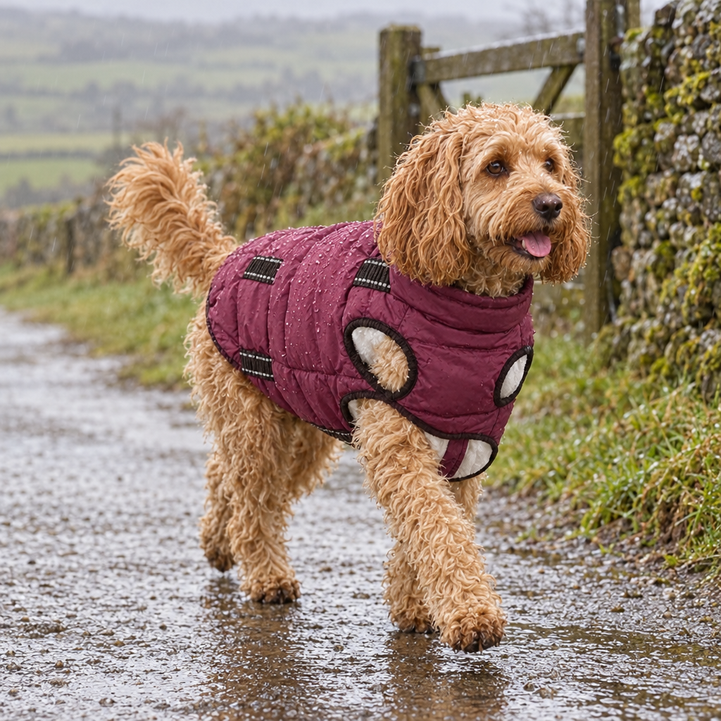 Cockapoo in a padded dog coat on a countryside walk