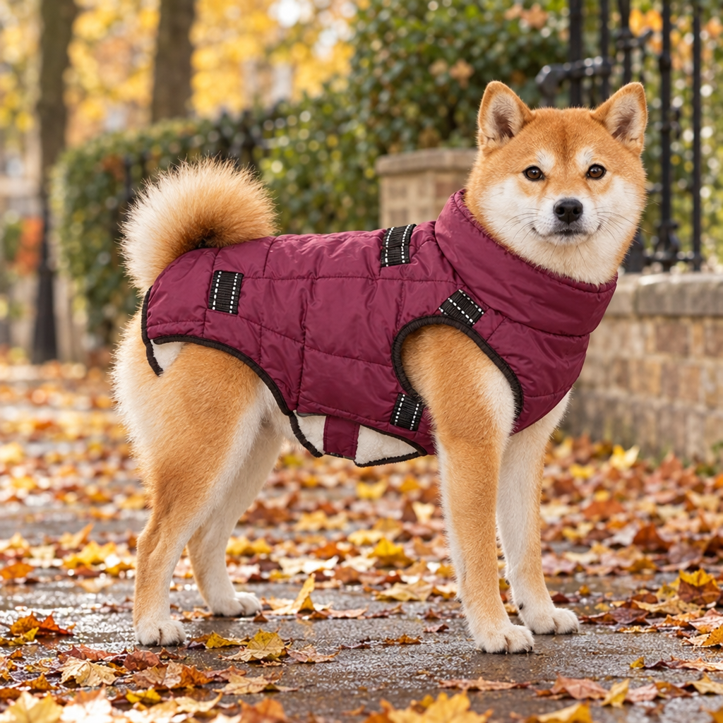 Shiba Inu wearing the red padded winter dog coat on an autumn street