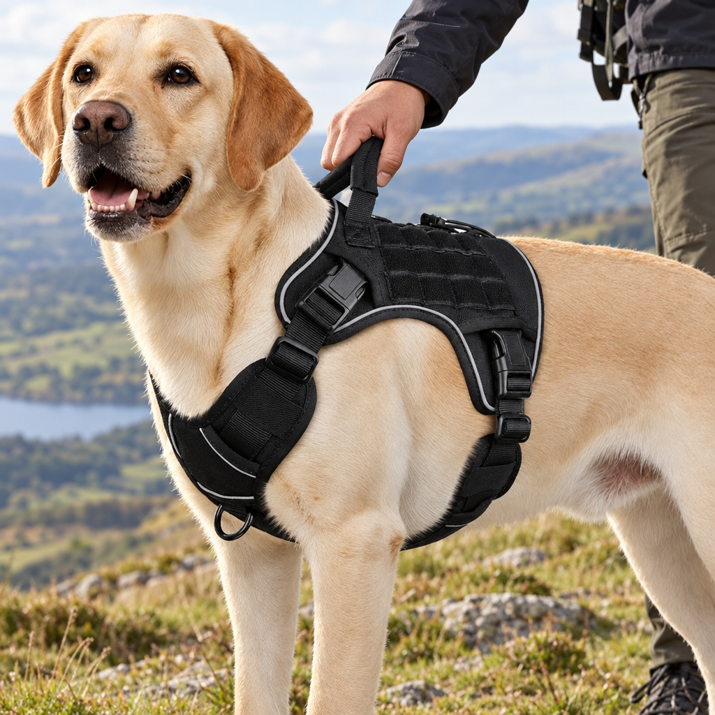 Owner holding the grab handle of a tactical harness on a labrador