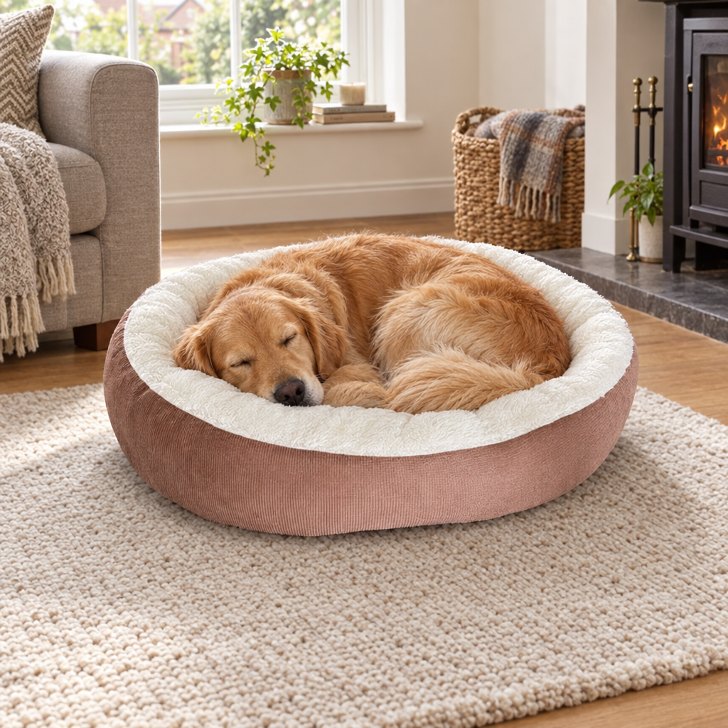 Golden retriever asleep in the reversible all-season dog bed
