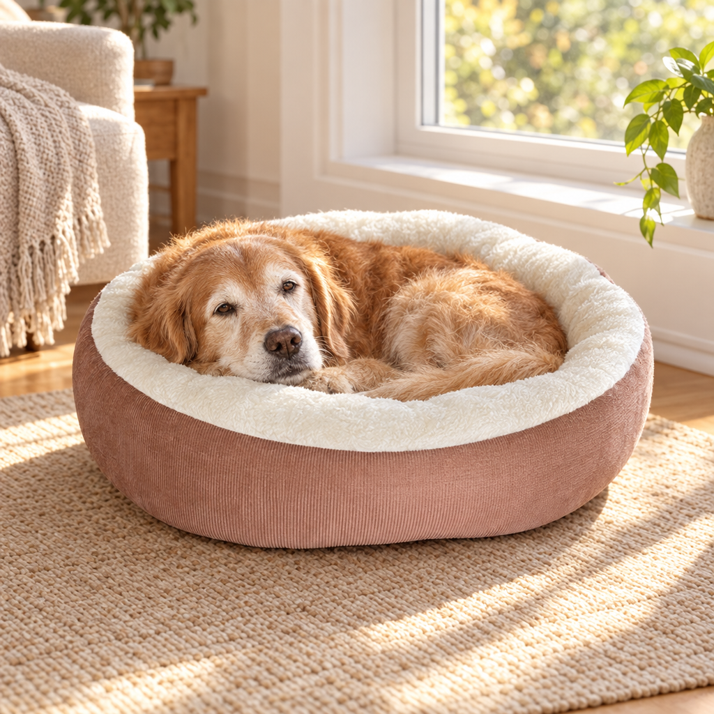 Senior dog resting in the soft round plush dog bed