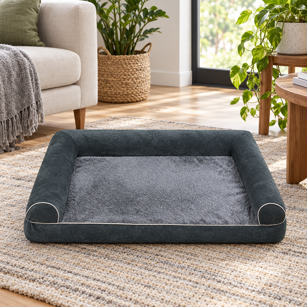 Bolster sofa dog bed in a modern living room
