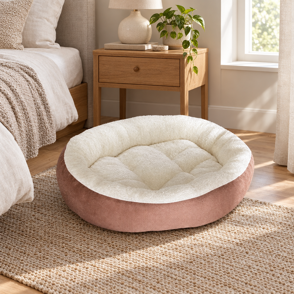 Round plush dog bed in a bedroom corner