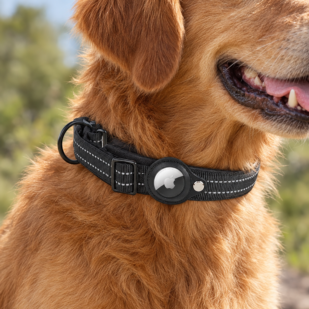 Close-up of the tracker collar buckle and reflective stitching