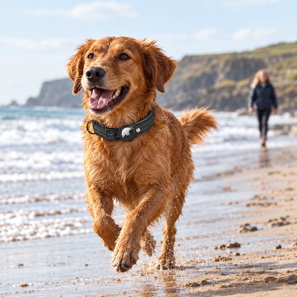 Dog running on a beach wearing a tracker collar