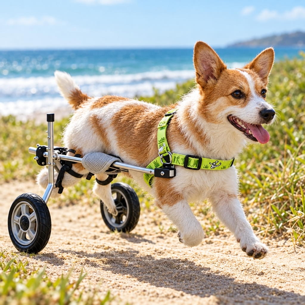 Small dog running on a beach path in the Buddies small wheelchair