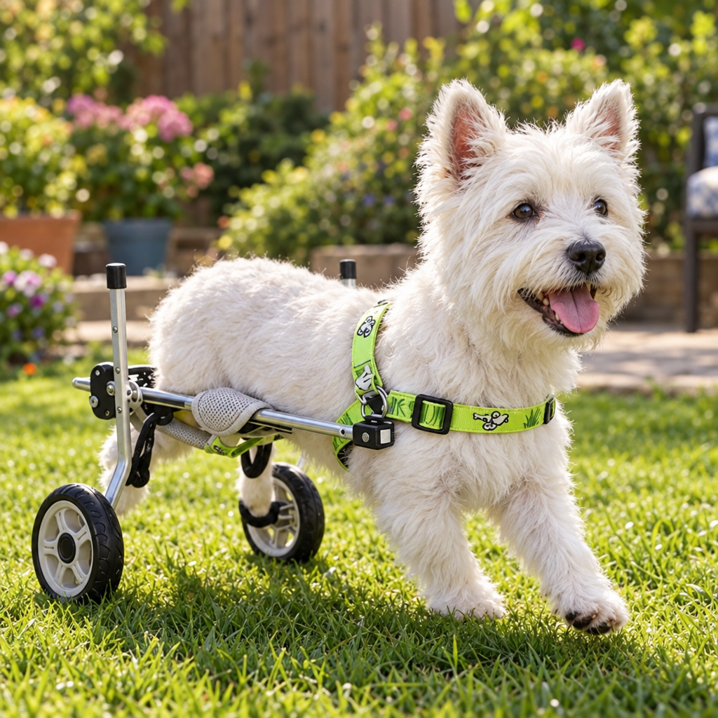 Senior Westie in the Buddies small dog wheelchair