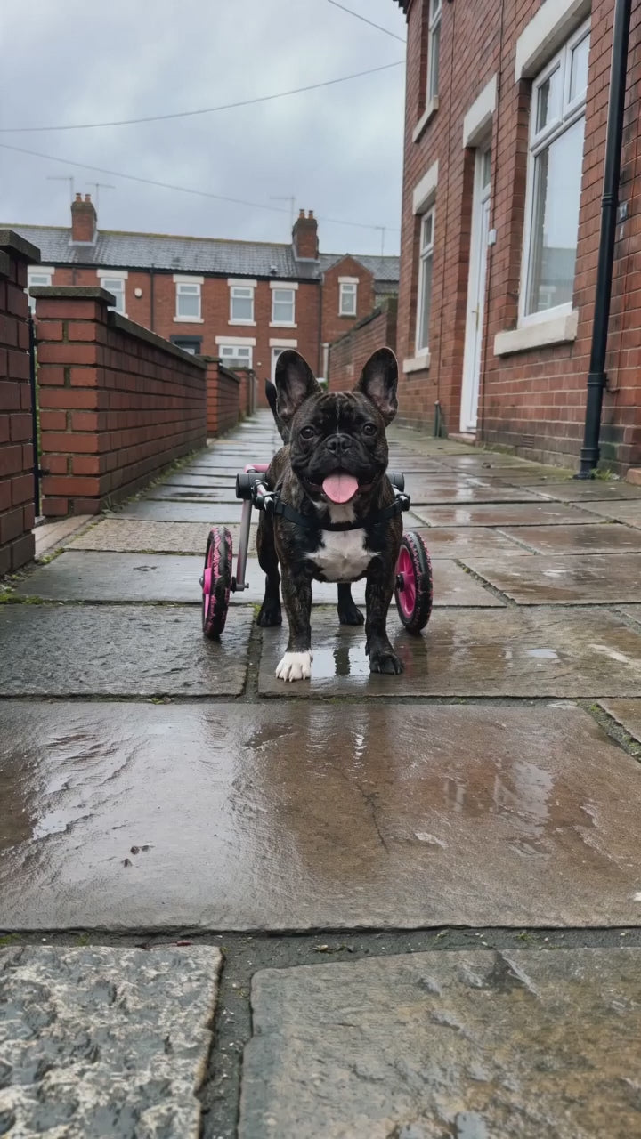 French bulldog trotting in Buddies wheelchair