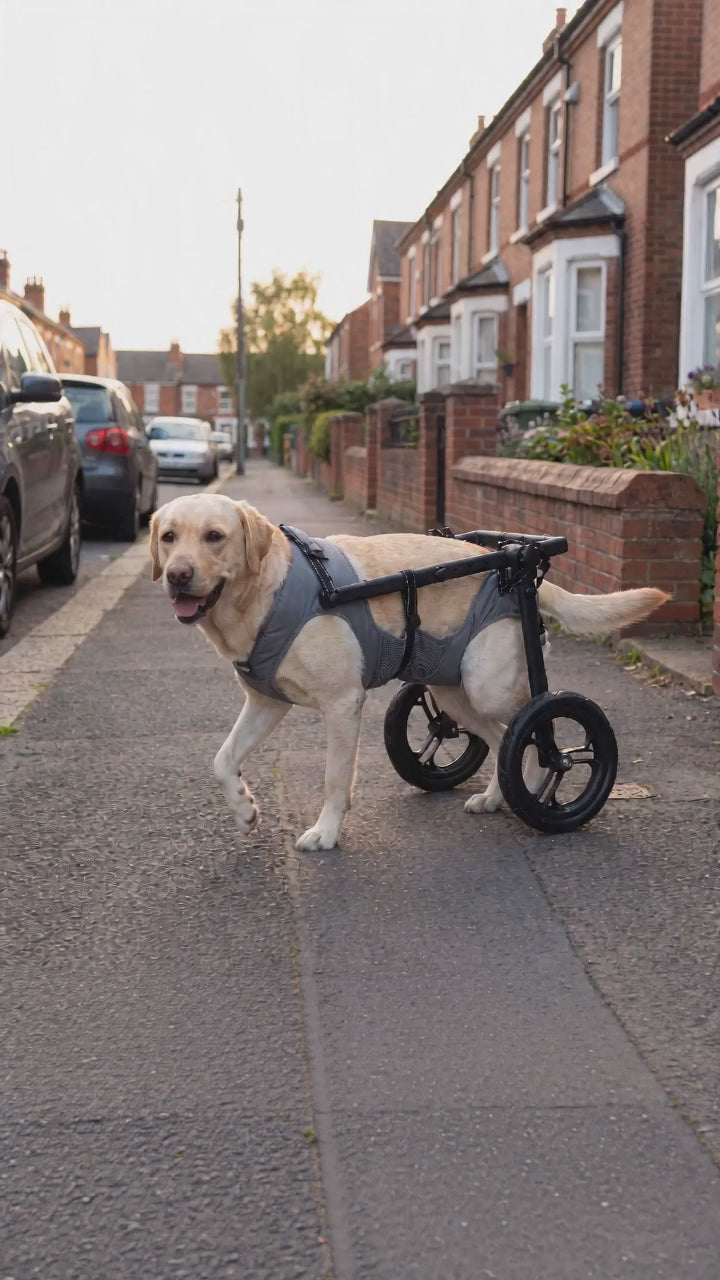 Labrador walking happily in Buddies wheelchair