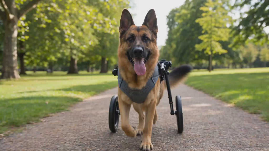 A German Shepherd walking happily in the Buddies rear-support dog wheelchair