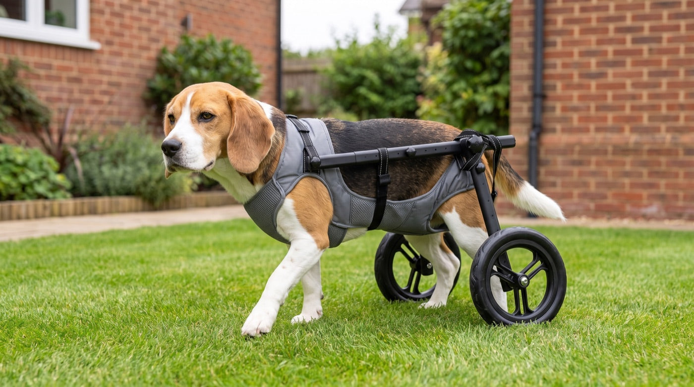 Milo · Post-op — dog using a Buddies wheelchair