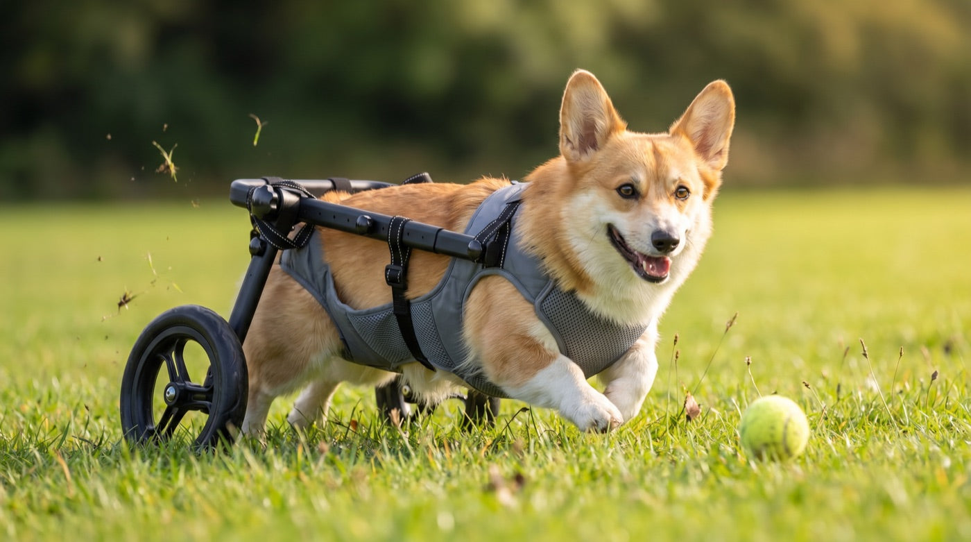 Ollie · DM — dog using a Buddies wheelchair