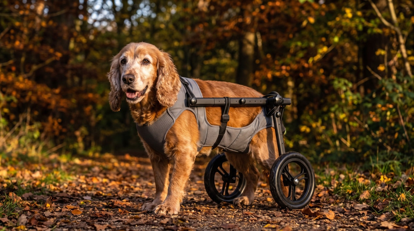 Poppy · Senior — dog using a Buddies wheelchair